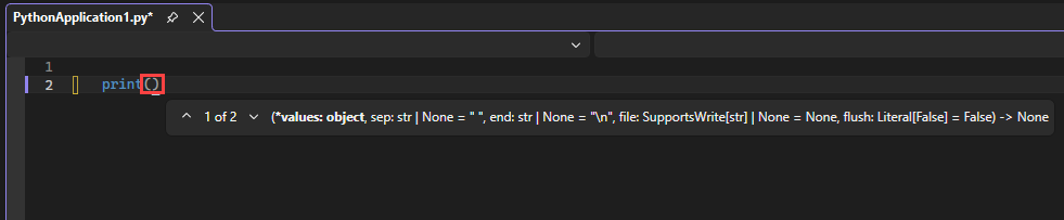 Screenshot that shows IntelliSense autocompletion options for the print function in the editor in Visual Studio.