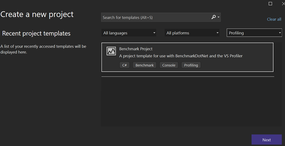 Screenshot of the New Project dialog showing the BenchmarkDotNet project template selected in the Profiling category