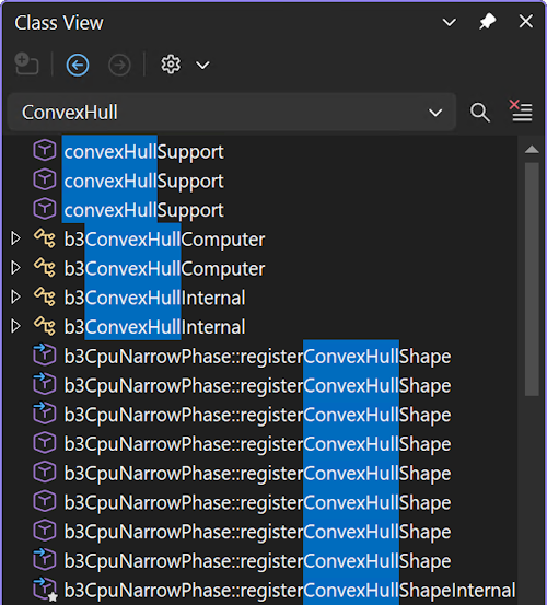Screenshot of the Class View window showing a search string that matches substrings in class names and methods