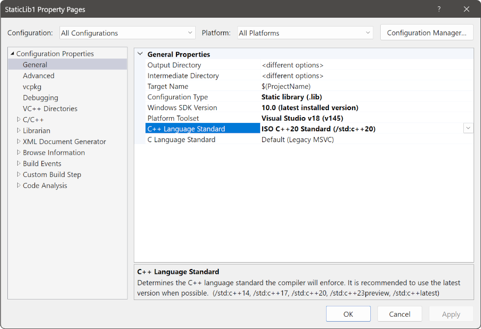 Screenshot of project properties dialog showing C++20 selected as the default C++ Language Standard