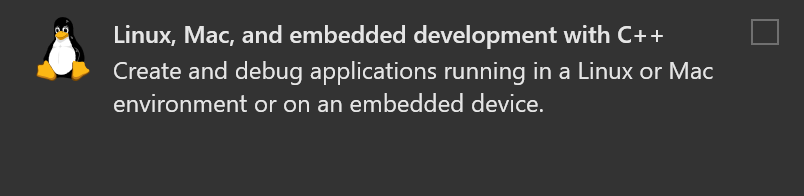Screenshot of the Visual Studio installer showing the renamed Linux, Mac, and embedded development with C++ workload