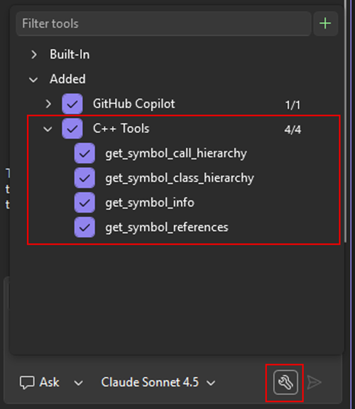 List of available C++ tools in Copilot Chat settings
