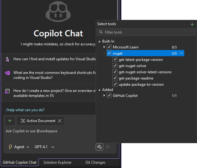 Find the MCP server named "nuget" and check the box to enable it.