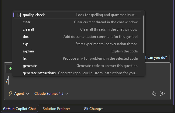 IntelliSense list triggered by slash commands