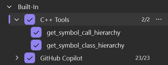 List of available C++ tools in Copilot Chat settings