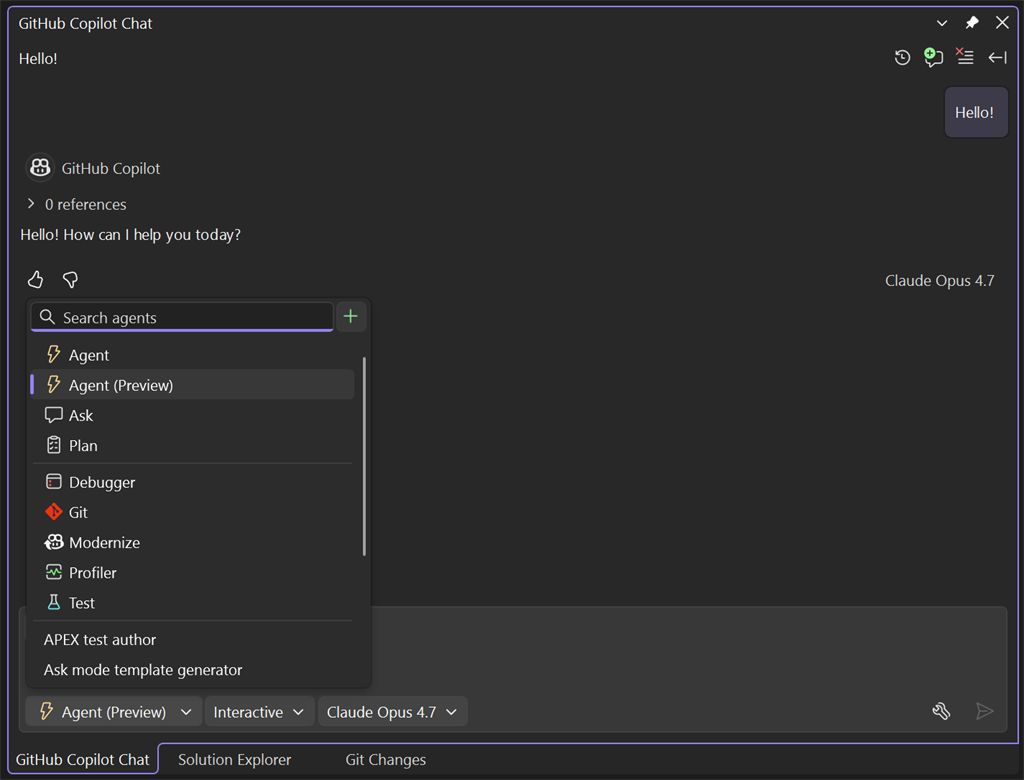 The Copilot Chat agent picker with Agent (Preview) selected under Agent