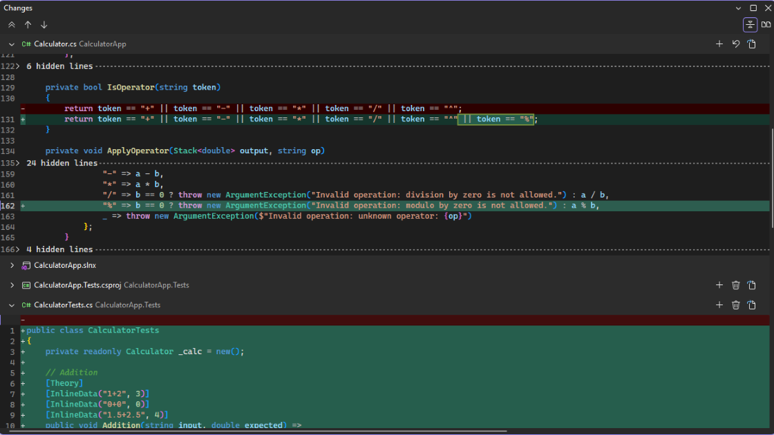 Unified panel showing changed lines from multiple files