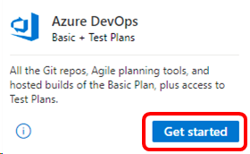 Screenshot of the Azure DevOps tile. The Get started button is highlighted. Azure DevOps Tile