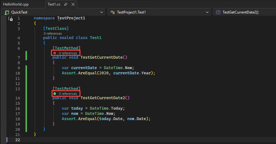 Screenshot shows the C++ CodeLens icons in Visual Studio.