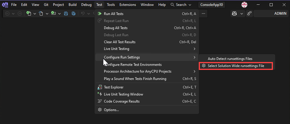 Screenshot of Select test solution-wide runsettings file menu in Visual Studio.