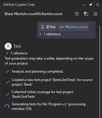 Screenshot of Copilot starting test generation.