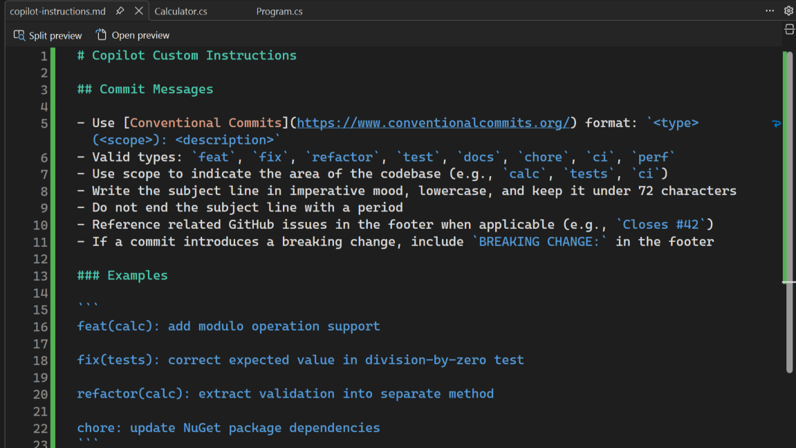 Screenshot showing a Copilot instructions file with commit message rules.