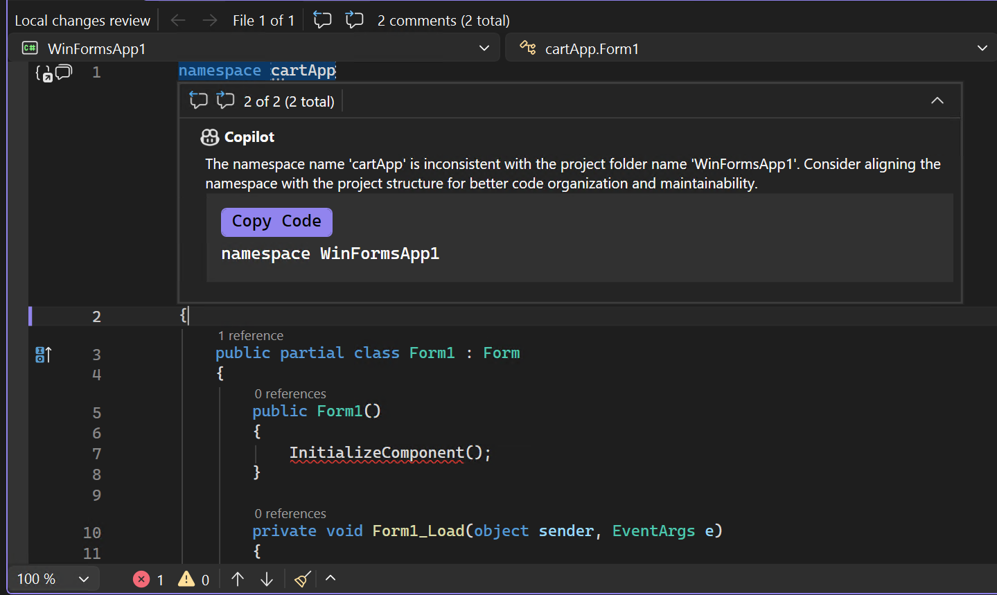 Screenshot showing GitHub code review comment.