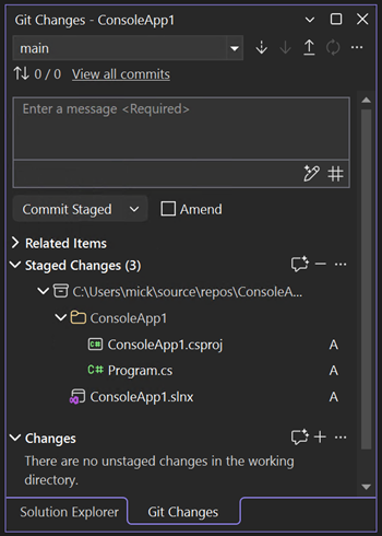 Screenshot that shows the Git commit dialog in Visual Studio.