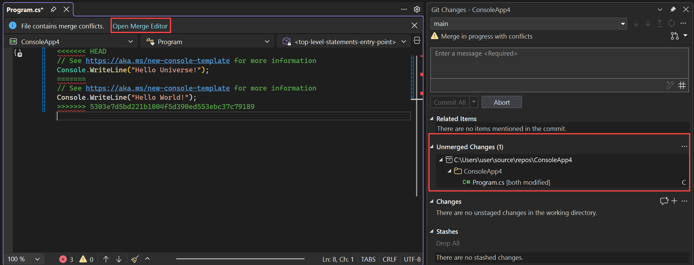 Screenshot that shows merge conflict status in the Git Changes window.
