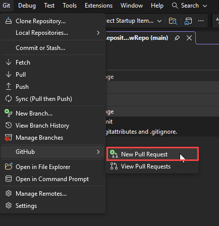 Screenshot of the Git top level menu with GitHub selected and 'New Pull Request' text highlighted in Visual Studio.