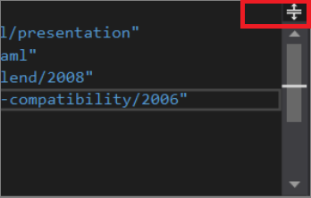 Screenshot showing the middle pane of the XAML code editor in Visual Studio with the Split button highlighted at the top right of the pane.