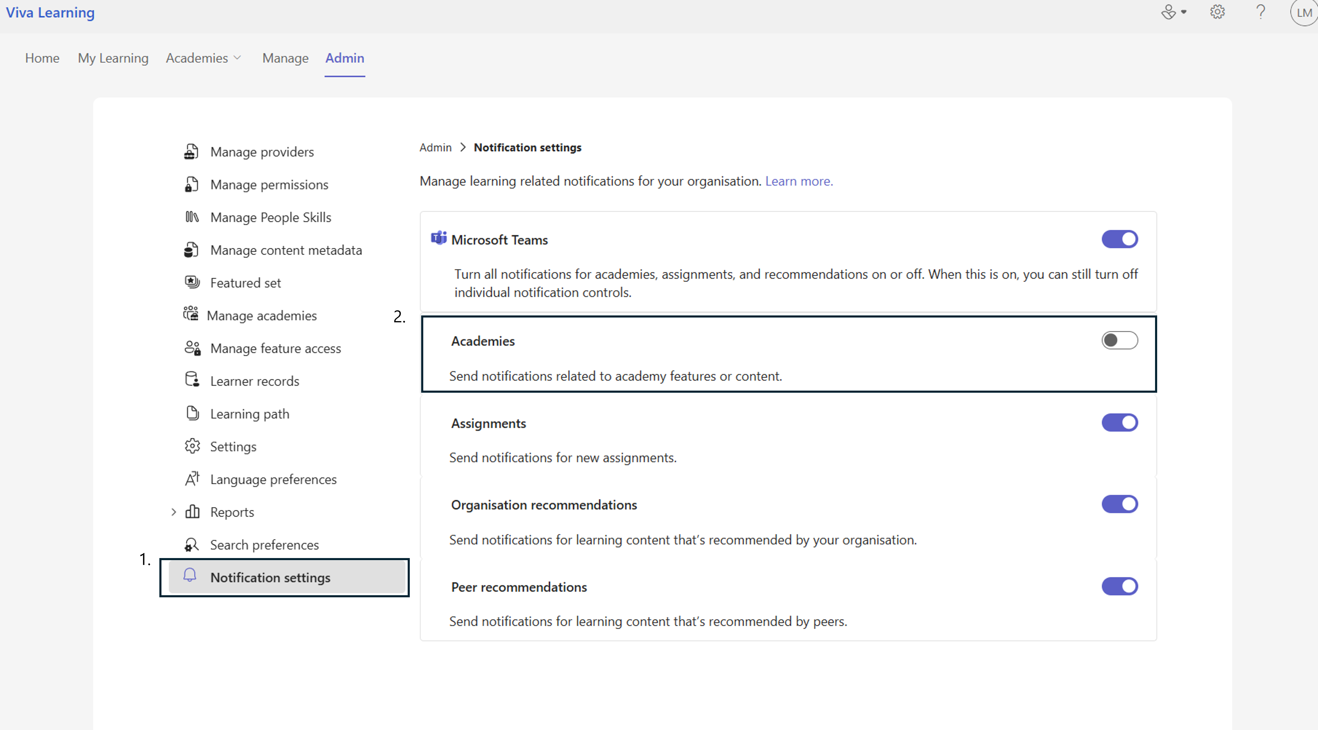 Screenshot of Notification Settings for Admins in Viva Learning.