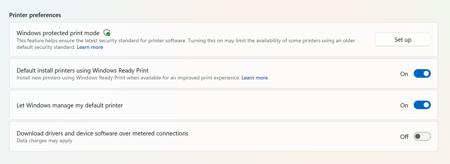 Screenshot that shows ability to toggle Windows Ready Print in Printer preferences.