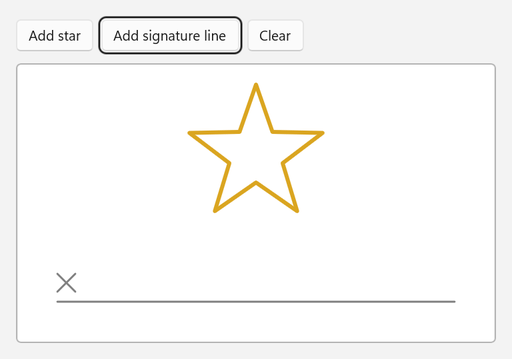 Add star, Add signature line, and Clear buttons above a white canvas that shows a gold five-pointed star and a gray signature line with an X at its left end.