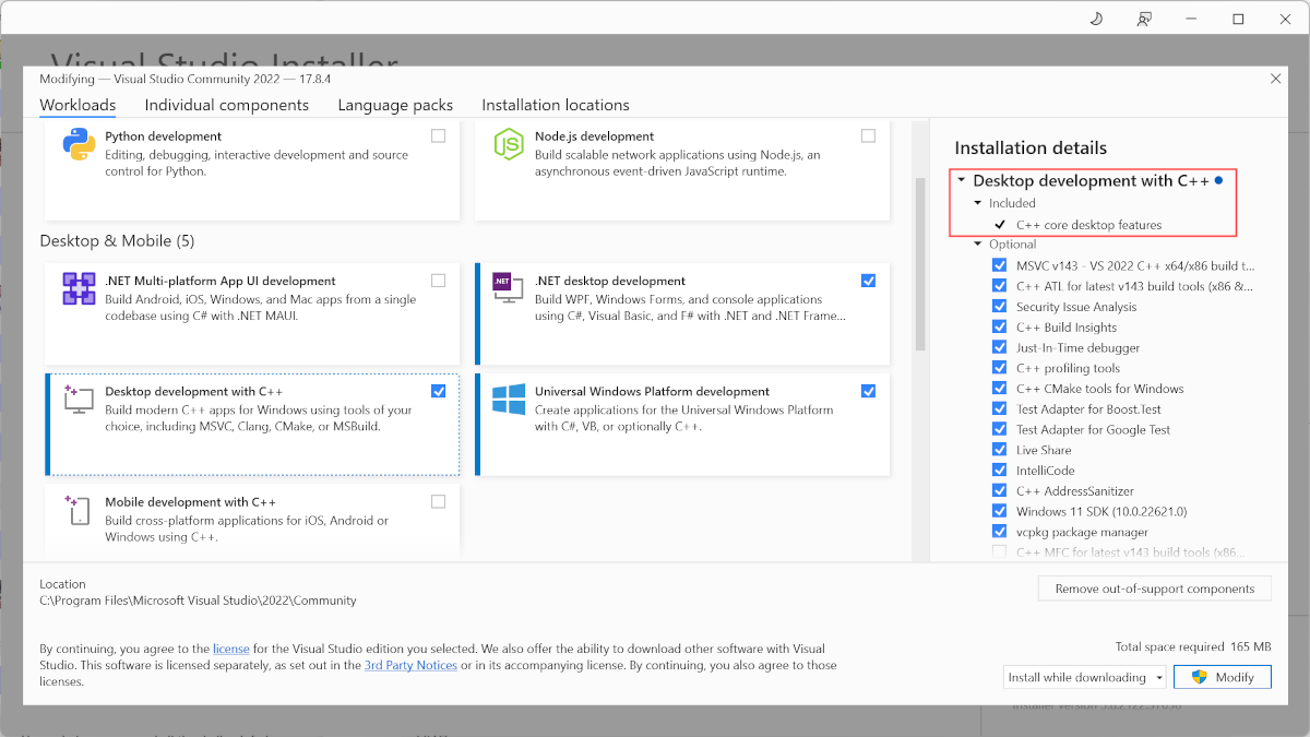 Screenshot of the Visual Studio Installer with the Desktop development with C++ card checked and the C++ core desktop features installation status highlighted.