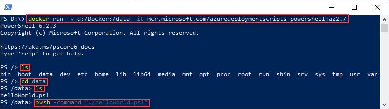 Captura de pantalla del script de implementación de plantillas de Resource Manager mediante el comando Docker.