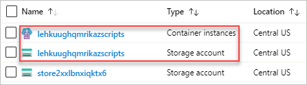 Captura de pantalla de los nombres de los recursos del script de implementación de la plantilla de Resource Manager.