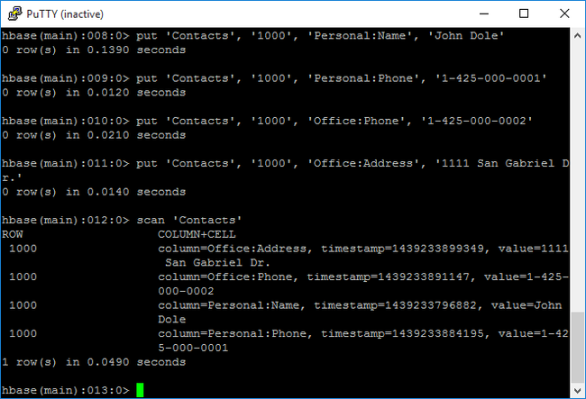 Shell de HBase de Apache Hadoop en HDInsight.