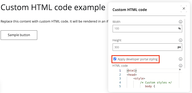 Recorte de pantalla que muestra cómo configurar código personalizado HTML en el portal para desarrolladores.