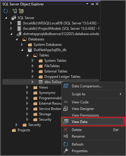 Captura de pantalla que muestra la exploración de objetos de SQL Database.