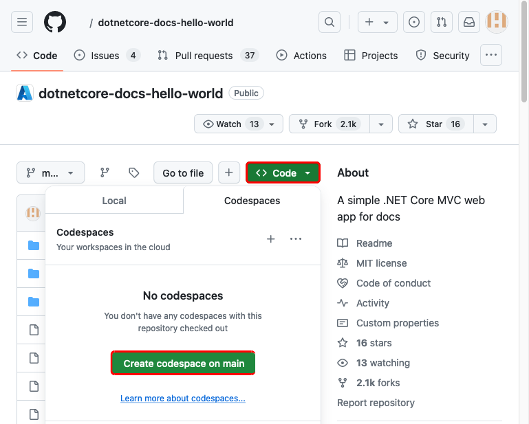 Recorte de pantalla que muestra cómo crear un espacio de código en el repositorio de GitHub dotnetcore-docs-hello-world bifurcado.