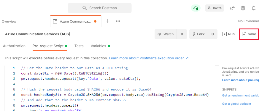 Captura de pantalla que muestra el botón Guardar del script de prerequest de Postman.