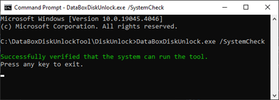 Captura de pantalla que muestra los resultados de una comprobación correcta del sistema mediante la herramienta de desbloqueo de Data&nbsp;Box&nbsp;Disk.