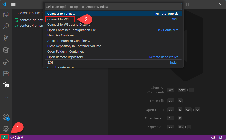 Captura de pantalla del Explorador remoto de Visual Studio Code que muestra las distribuciones de WSL disponibles con el destino WSL de Dev Box resaltado.