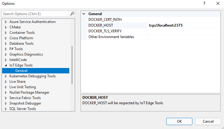 Captura de pantalla de la configuración de IoT Edge Tools