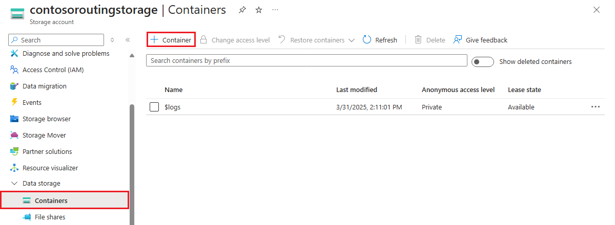 Captura de pantalla que muestra cómo crear un contenedor para una cuenta de almacenamiento en Azure Portal.
