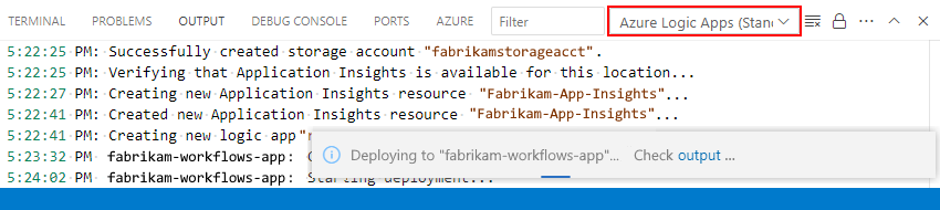 Captura de pantalla que muestra la ventana de resultados y la lista de alcances con Azure Logic Apps Standard seleccionado, junto con el progreso y los estados de la implementación.
