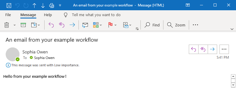 Captura de pantalla que muestra el correo electrónico de Outlook como se describe en el ejemplo.