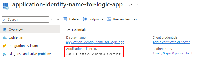 Captura de pantalla que muestra el identificador de aplicación (cliente) resaltado.