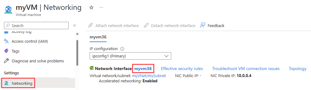 Captura de pantalla que muestra cómo seleccionar la página de la interfaz de red de la configuración de máquina virtual en Azure&nbsp;Portal.