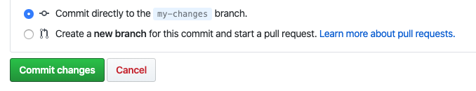 Captura de pantalla que muestra el botón Confirmar cambios en la interfaz de GitHub.