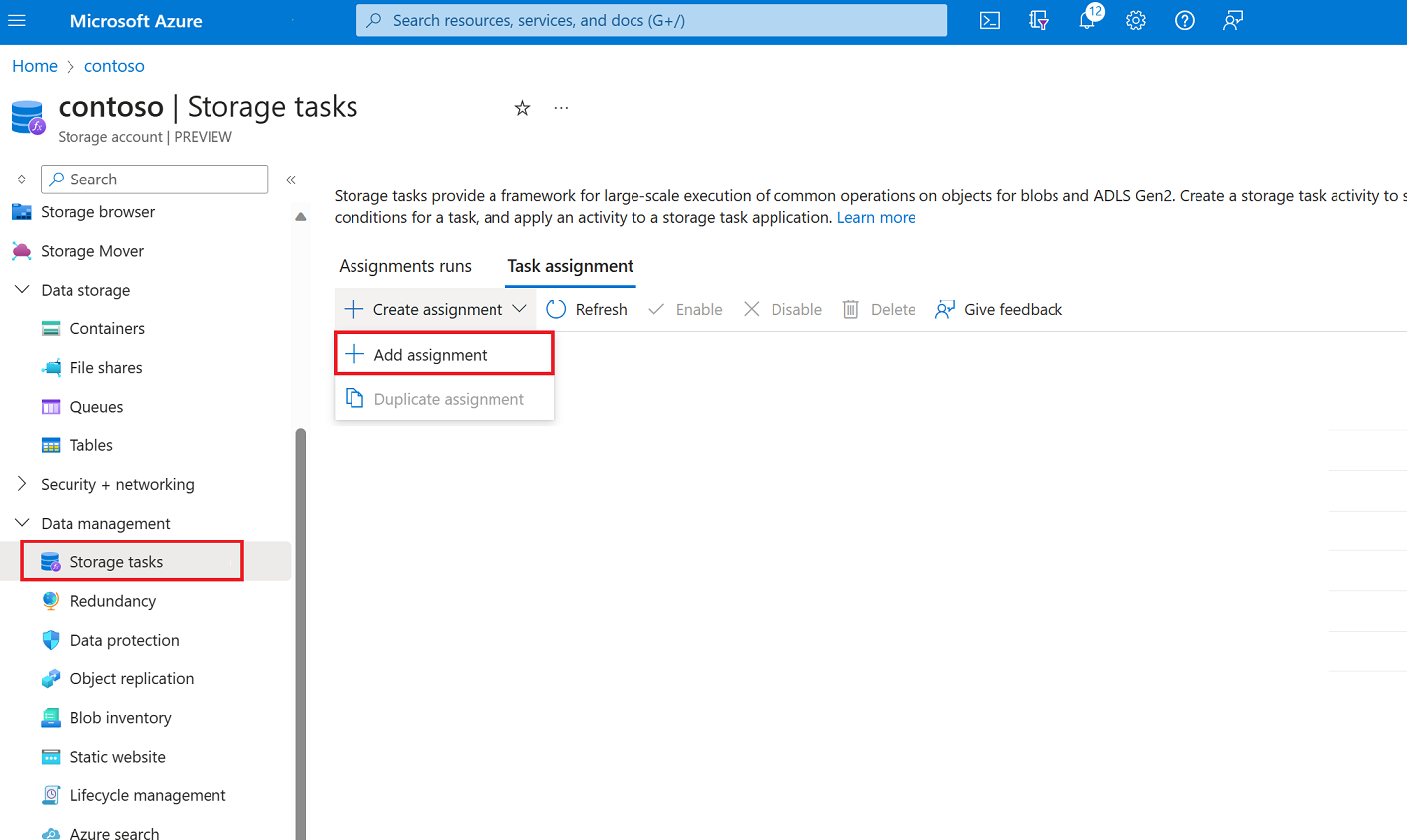 Captura de pantalla de la página Asignaciones que aparece en el contexto de una cuenta de almacenamiento.