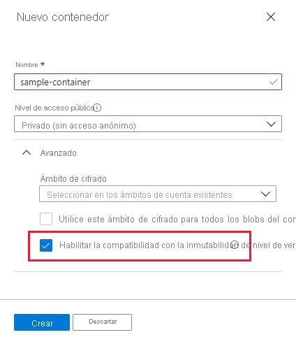 Recorte de pantalla que muestra cómo crear un contenedor con la inmutabilidad de nivel de versión habilitada