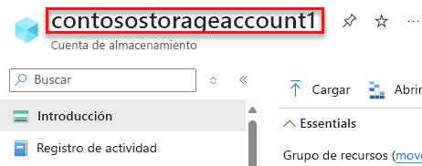 Captura de pantalla de la página del portal de Azure resaltando el nombre de la cuenta de almacenamiento.