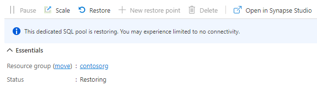 Captura de pantalla de un cuadro de diálogo del grupo de SQL que muestra el estado de restauración.