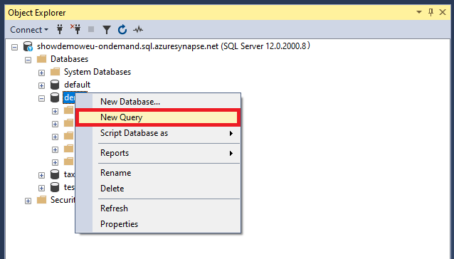 Captura de pantalla de la ventana Nueva consulta para el grupo de SQL sin servidor.