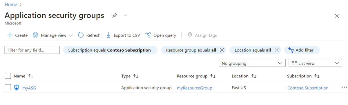 Captura de pantalla de los grupos de seguridad de aplicaciones existentes en Azure Portal.