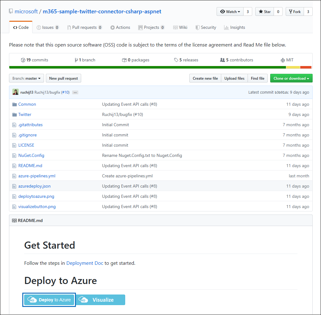 Captura de pantalla de la página del repositorio de GitHub con el botón Implementar en Azure resaltado.