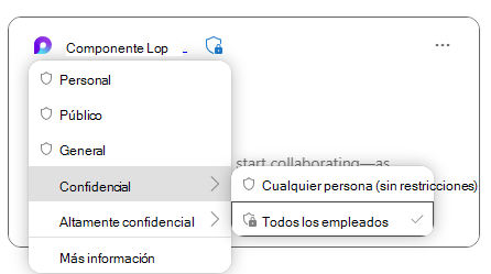 Componente de Microsoft Loop que muestra etiquetas de confidencialidad para proteger los datos del componente.
