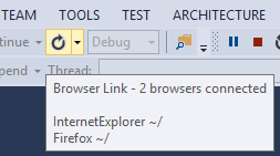 Captura de pantalla de Visual Studio, con el botón Actualizar resaltado para indicar que el ratón está sobre el botón. El tooltip muestra los navegadores conectados.